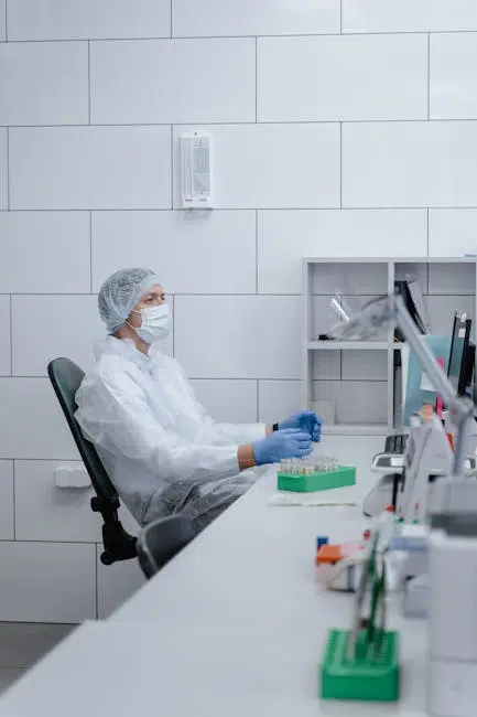 Scientist in lab wearing protective gear, analyzing samples.