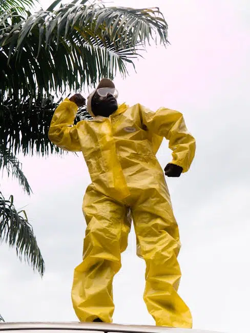 Person in yellow hazmat suit poses outdoors.
