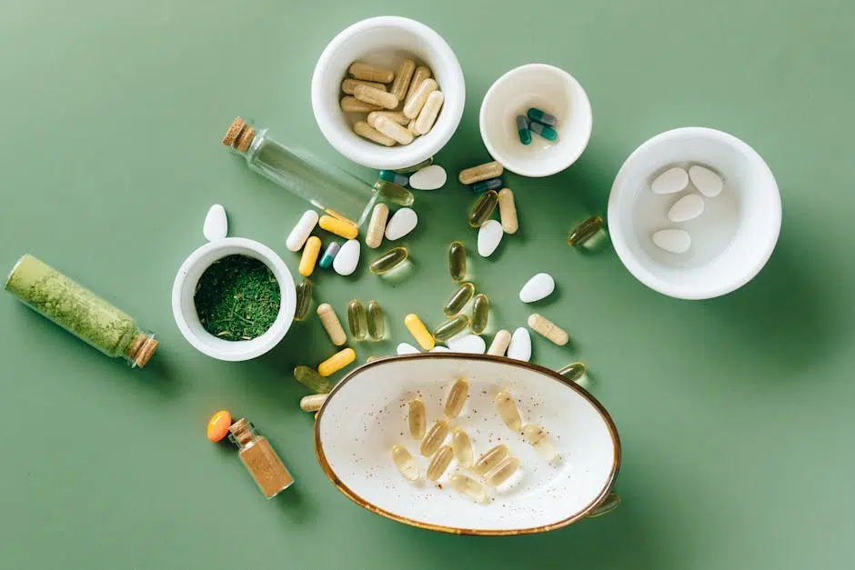 Assorted supplements and herbs on a green background.