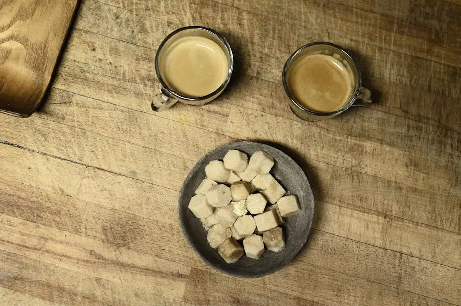 Two coffee cups and sugar cubes on wooden table.